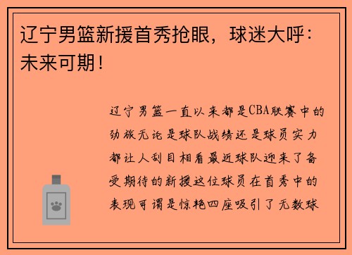 辽宁男篮新援首秀抢眼，球迷大呼：未来可期！